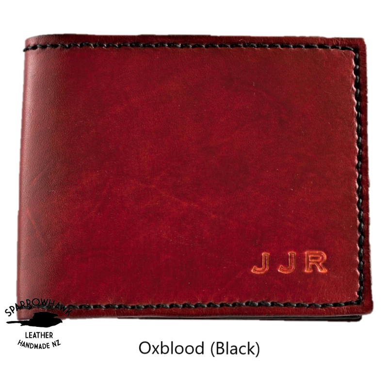 Handmade Mens real leather wallet Oxblood coin pocket intials handmade in NZ Sparrowhawk Leather
