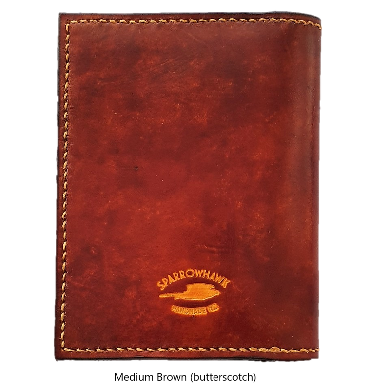 Sparrowhawk Leather NZCAA Pilot Licence & Medical Certificate Wallet personalised initials Brown with butterscotch handstitiching. Handmade NZ 