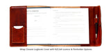 NZCAA Pilot Logbook Cover - wrap closure, 2 colour outside / inside, carved wings /embossed initials