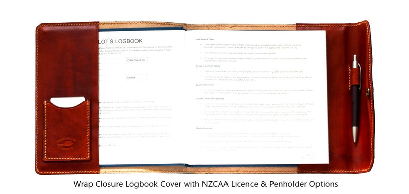 NZCAA Pilot Logbook Cover - wrap closure, 2 colour outside / inside, carved wings /embossed initials