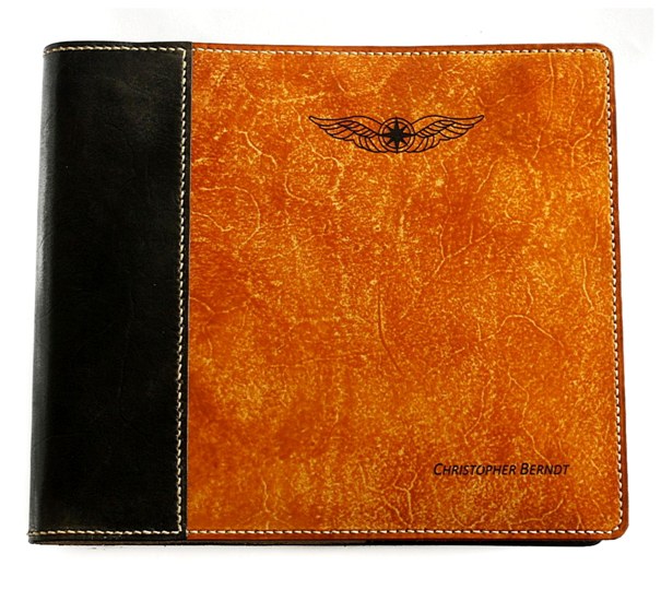 Pilot Logbook Cover - book closure, 2 colour spine / front, laser engraved wings & name