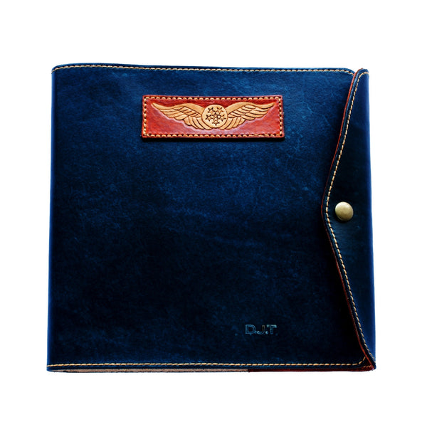 NZCAA Pilot Logbook Cover - wrap closure, 2 colour outside / inside, carved wings /embossed initials