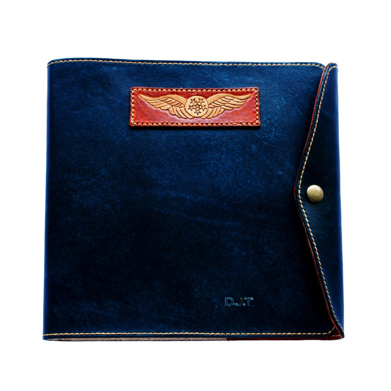 Pilot Logbook Cover - wrap closure, 2 colour outside / inside, carved wings /embossed initials