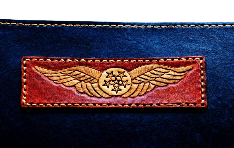 CASA (Australia) Pilot Logbook Cover - wrap closure, 2 colour outside / inside, carved wings /embossed initials