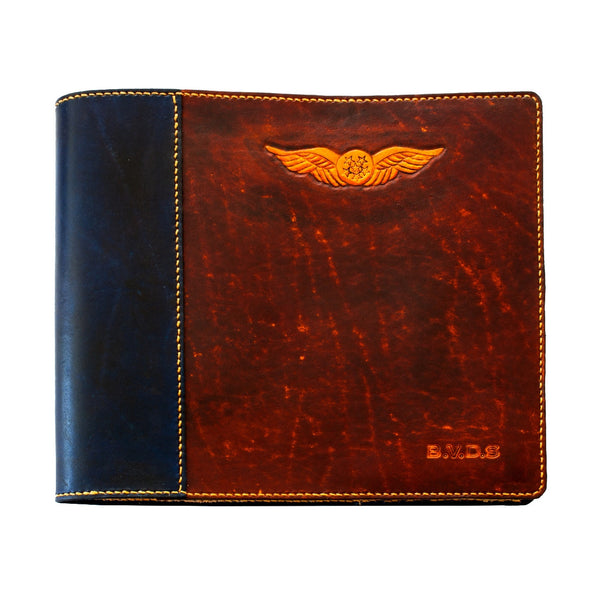 Pilot Logbook Cover - book closure, 2 colour spine / front, carved wings /embossed initials