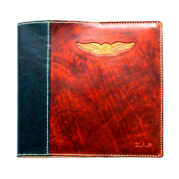 Pilot Logbook Cover - book closure, 2 colour spine / front, carved wings /embossed initials