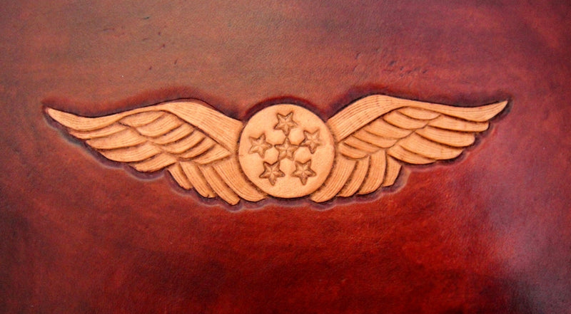 Pilot Logbook Cover - wrap closure, 2 colour spine / front, carved wings /embossed initials