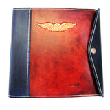 Pilot Logbook Cover - wrap closure, 2 colour spine / front, carved wings /embossed initials