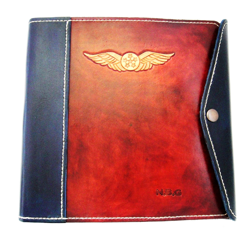 NZCAA Pilot Logbook Cover - wrap closure, 2 colour spine / front, carved wings /embossed initials