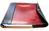 CASA Pilot Logbook Cover - wrap closure, 2 colour spine / front, carved wings /embossed initials
