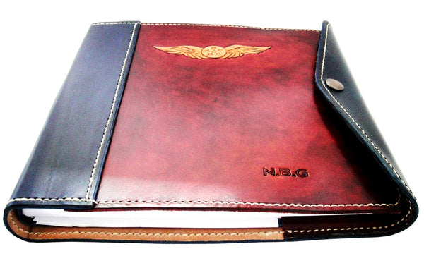 Pilot Logbook Cover - wrap closure, 2 colour spine / front, carved wings /embossed initials