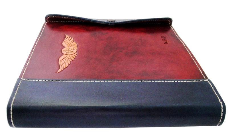 Pilot Logbook Cover - wrap closure, 2 colour spine / front, carved wings /embossed initials