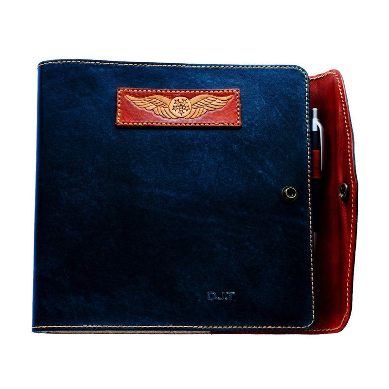 CASA (Australia) Pilot Logbook Cover - wrap closure, 2 colour outside / inside, carved wings /embossed initials