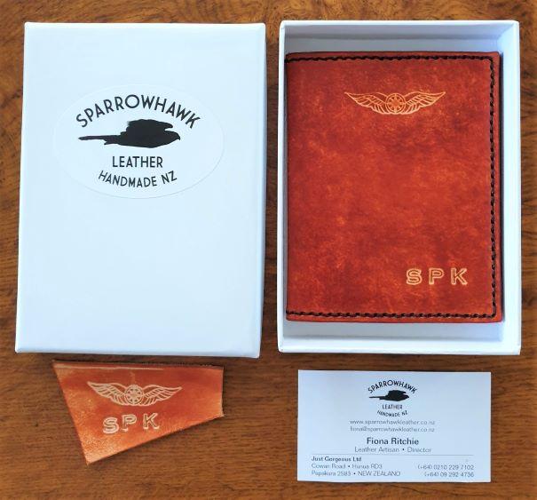 Handmade, personalised, Leather NZCAA Pilot Licence & Medical Certificate Wallet.  Perfect Pilot Graduation Gift. British Tan intials monogram. Handmade NZ  Sparrowhawk Leather 