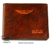 Personalised Brown leather Pilots wallet handmade in NZ embossed initials with wings brevet 