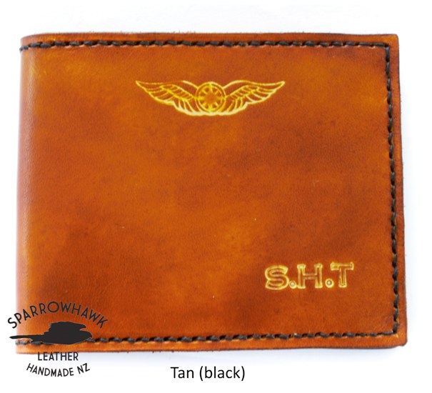 Tan Leather Pilots Billfold wallet personalised initials and wings handmade NZ Sparrowhawk Leather
