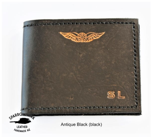 Handmade black leather pilots wings wallet with intials handmade NZ Sparrowhawk Leather