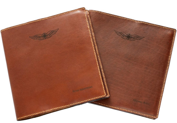 NZCAA Pilot Logbook Cover - whisky aniline leather, laser engraved wings & name