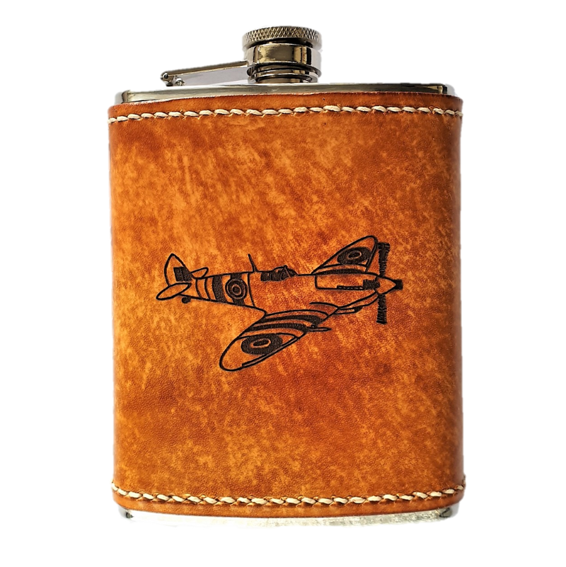 Sparrowhawk Leather's Spitfire Hipflask in British Leather front view