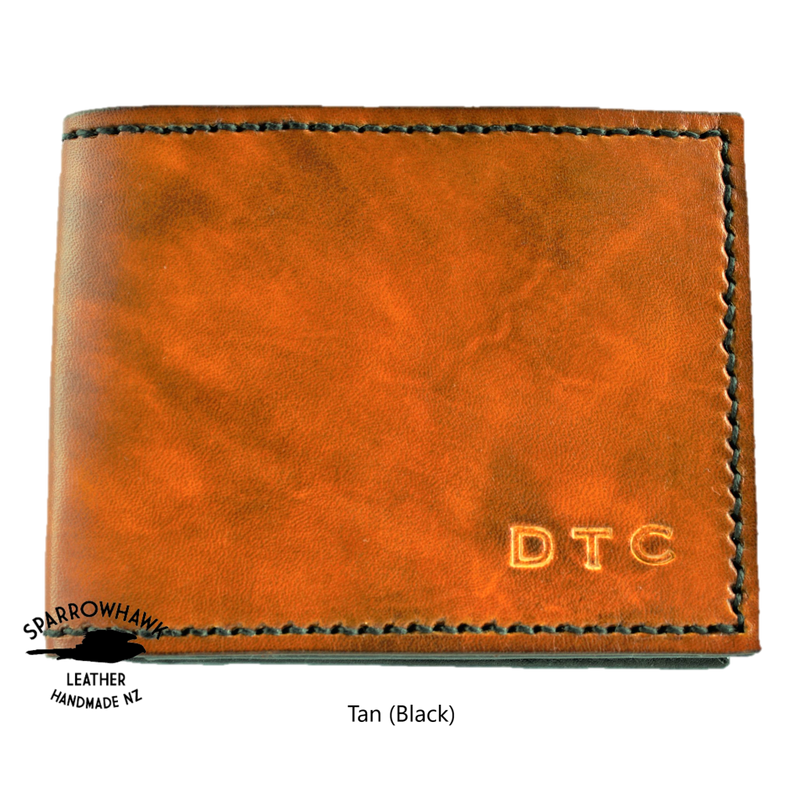 Handmade NZ mens leather wallet Tan Brown embossed intials Sparrowhawk Leather