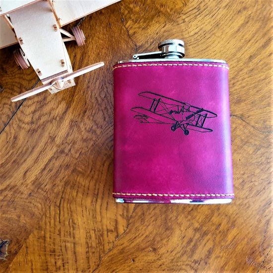 Sparrowhawk Leather's Tiger Moth Hipflask in Oxblood Leather front view
