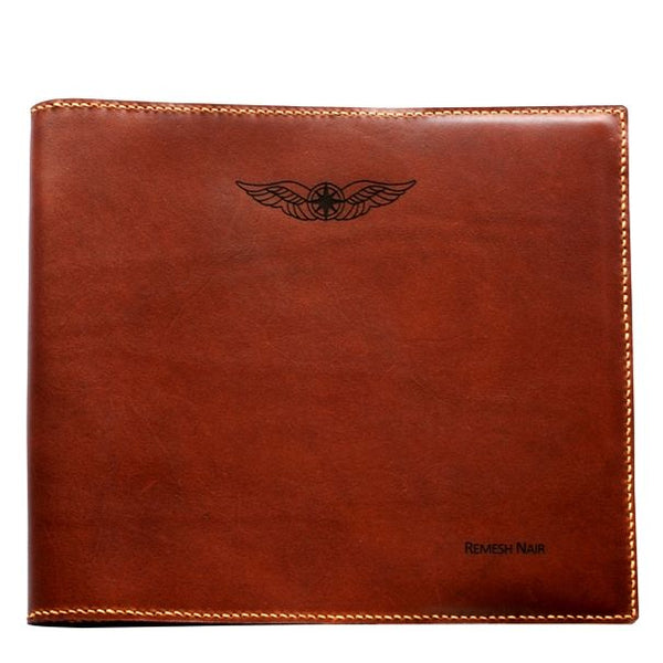 NZCAA Pilot Logbook Cover - whisky aniline leather, laser engraved wings & name