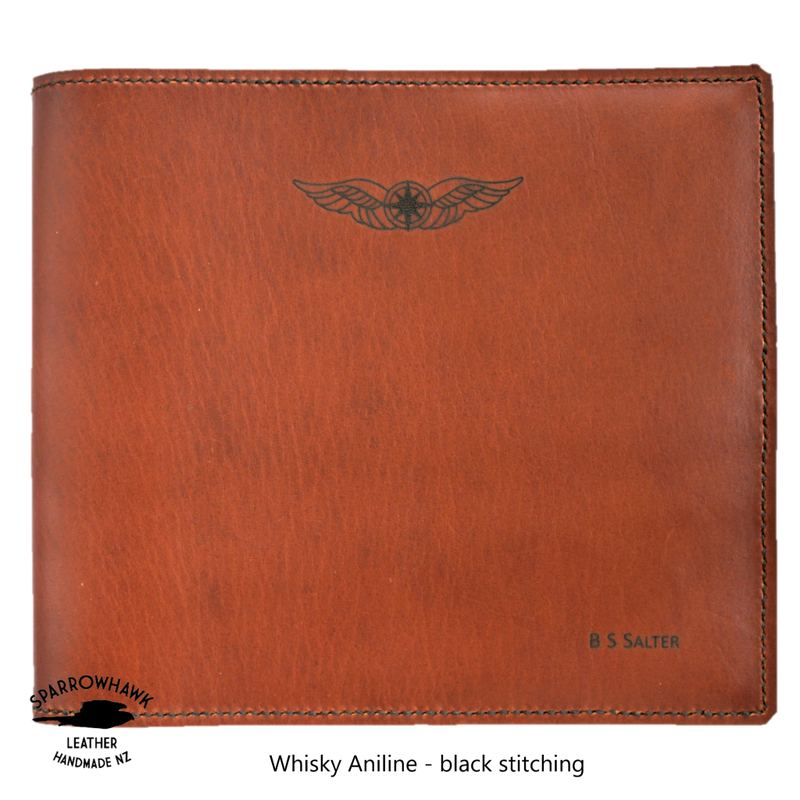 Pilot Logbook Cover - book closure, whisky aniline leather, laser engraved wings & name