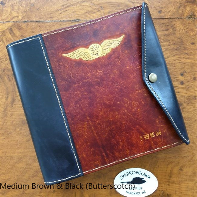 NZCAA Pilot Logbook Cover - wrap closure, 2 colour spine / front, carved wings /embossed initials