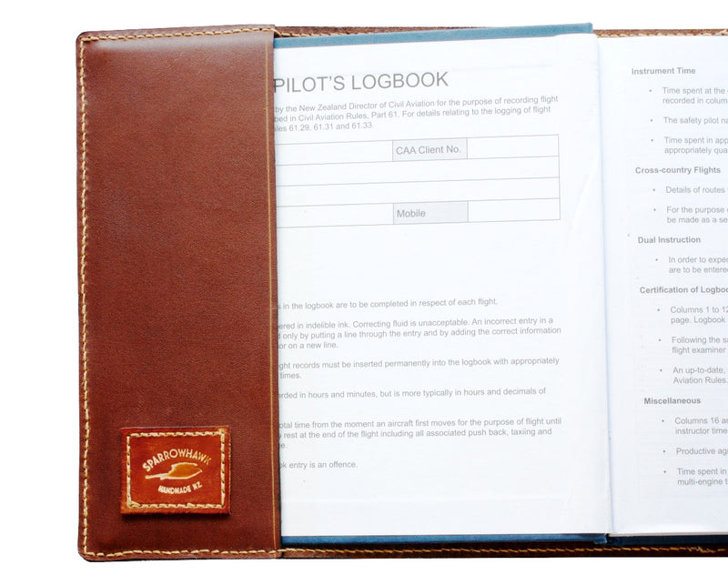 NZCAA Pilot Logbook Cover - whisky aniline leather, laser engraved wings & name